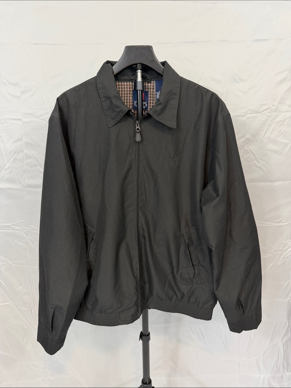 Chaps Harrington Jacket Men’s Medium Black Full Zip Plaid Lined Lightweight